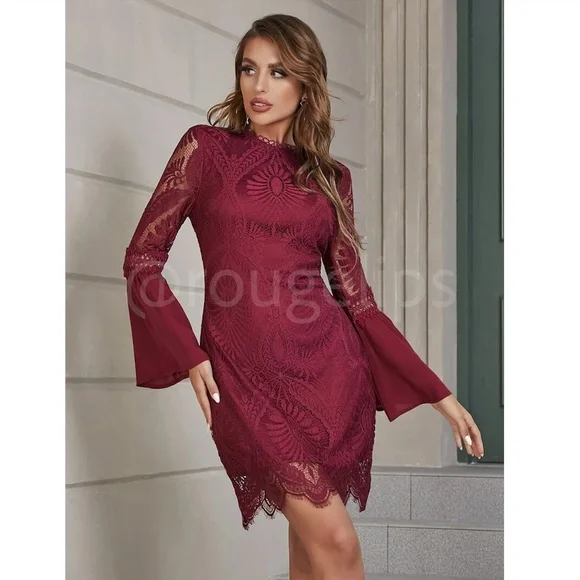 Burgundy Lace Detail Bell Sleeve Bohemian Mini Dress - Picture 5 of 13